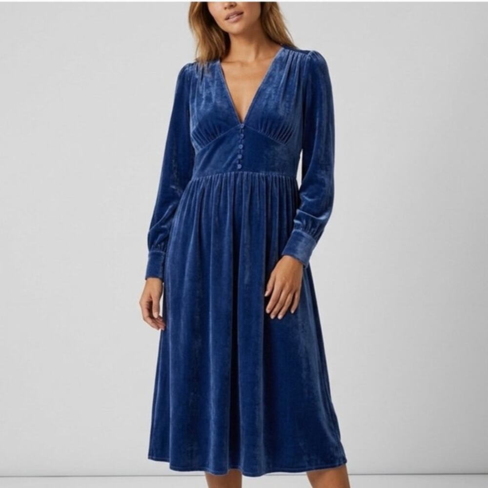 Boden Blue Velvet Midi Dress V Neck Long Sleeve Empire Waist UK18 US14 NWT